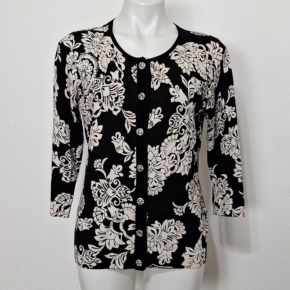 August Silk C'est City Silk Blend Black Cream Preppy Velvet Trim Cardigan Size L